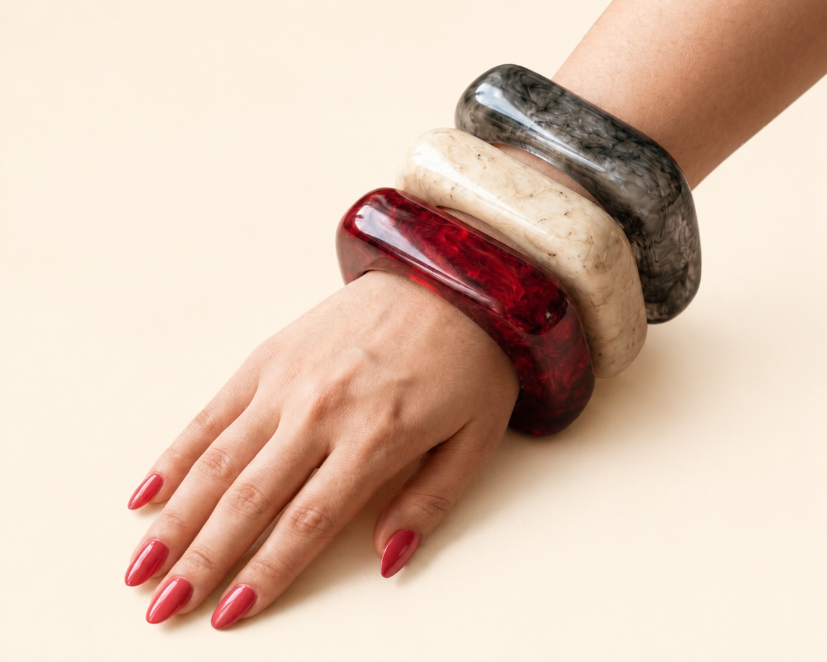 Trio Resin Bangle Set – Ruby, Ivory & Smoke